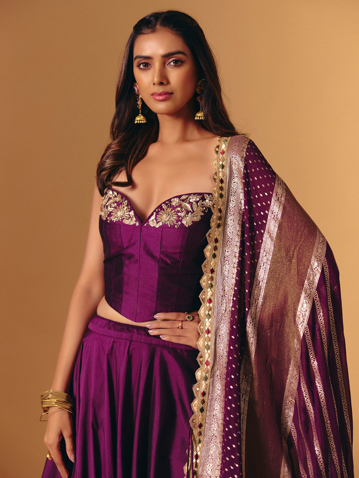 Purple silk wedding wear lehenga choli with zardosi work