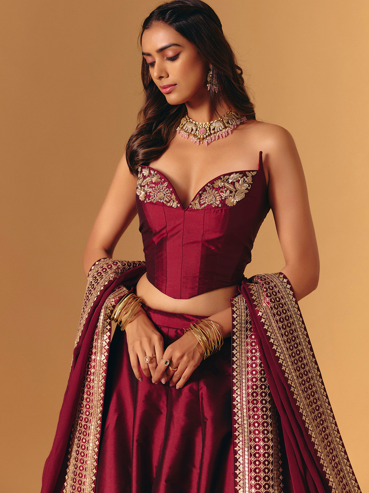 Maroon silk designer zardosi worked lehenga choli