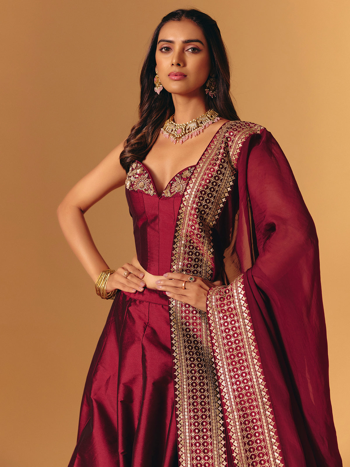 Maroon silk designer zardosi worked lehenga choli