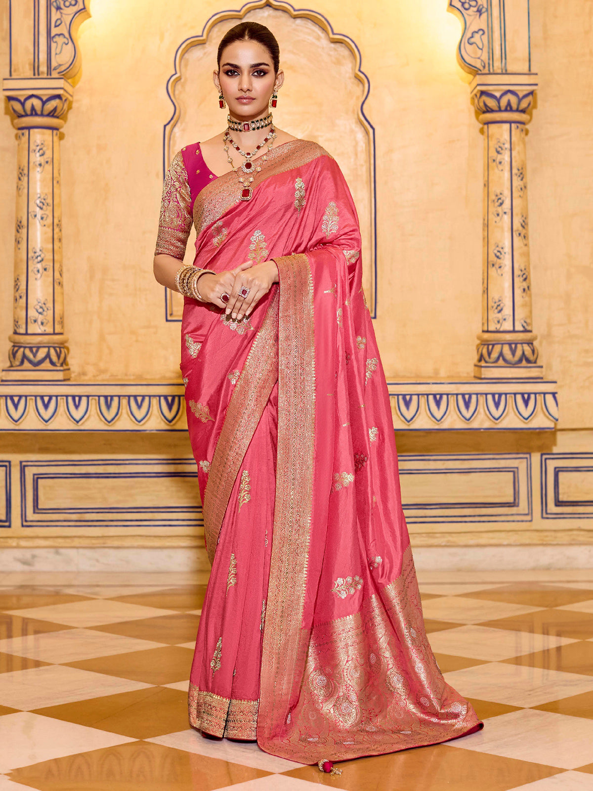 Soft peach banarasi crepe silk saree