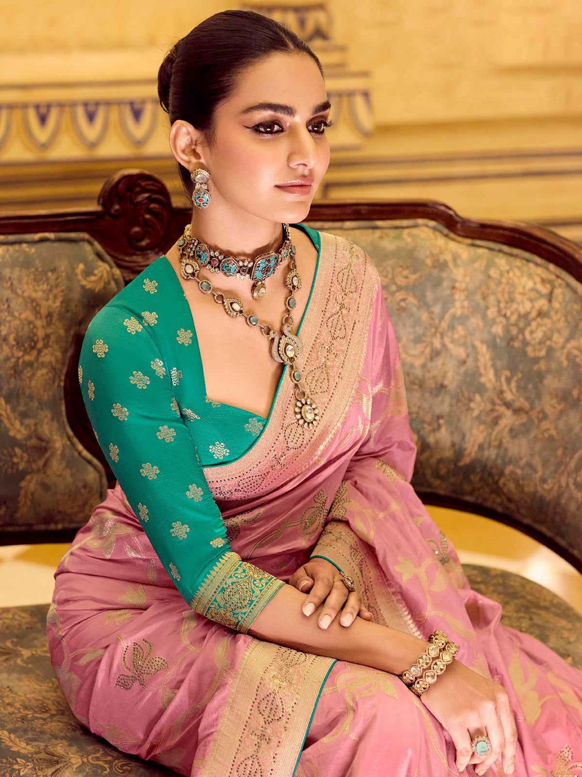 Festive pink banarasi crepe silk saree