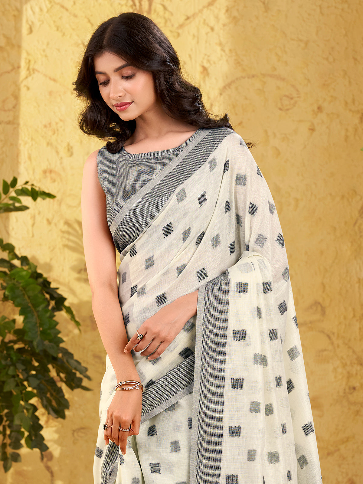 White linen silk woven work saree