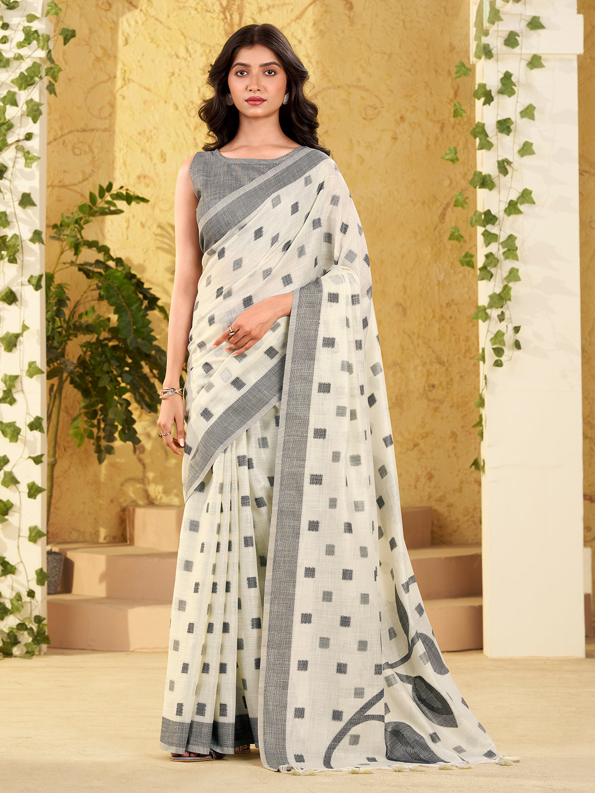 White linen silk woven work saree