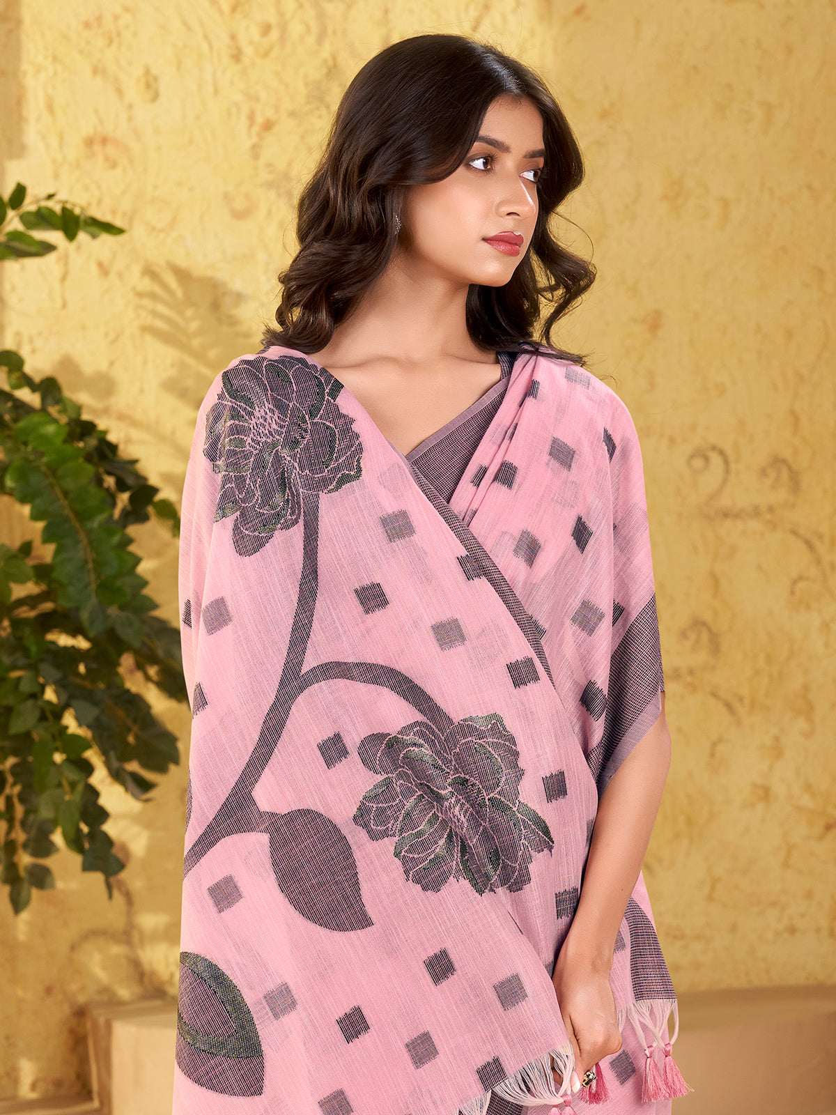 Pink linen silk woven work saree
