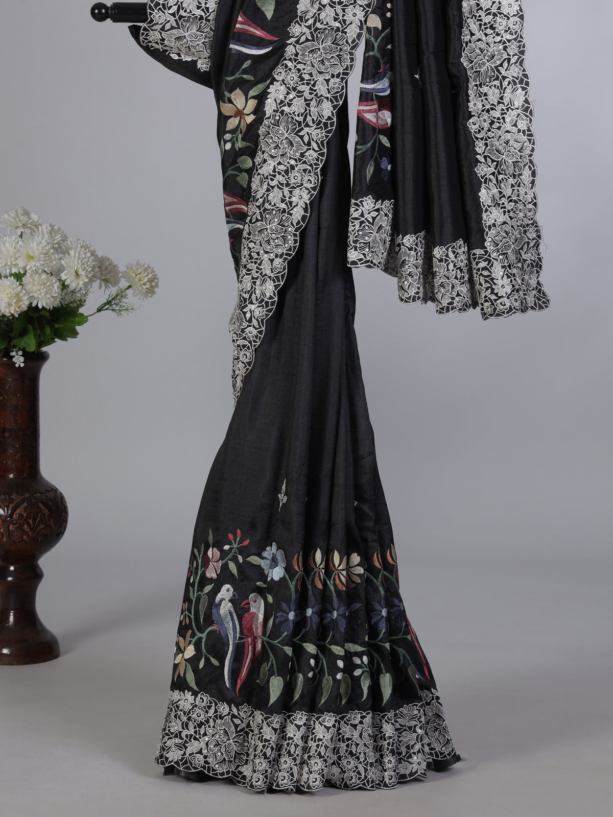 Black semi tusser silk saree with rich sequin work