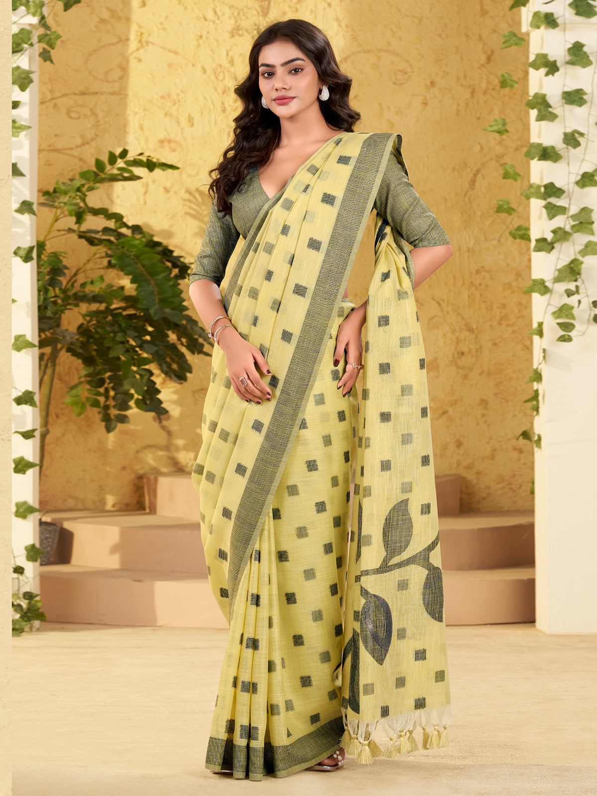 Yellow linen silk woven work saree