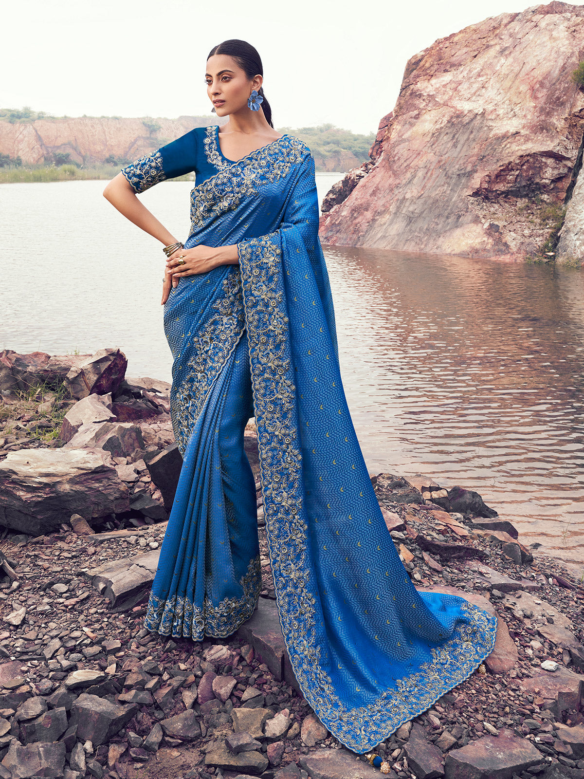 Rama blue satin silk designer saree