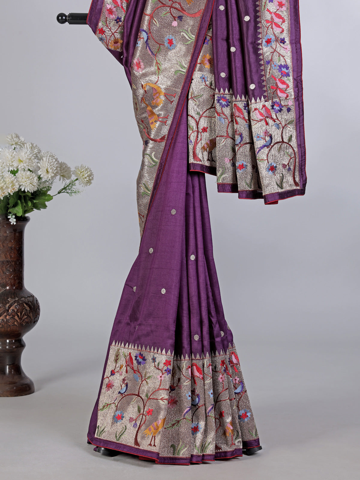 Purple dola silk saree with embroidery and zari work
