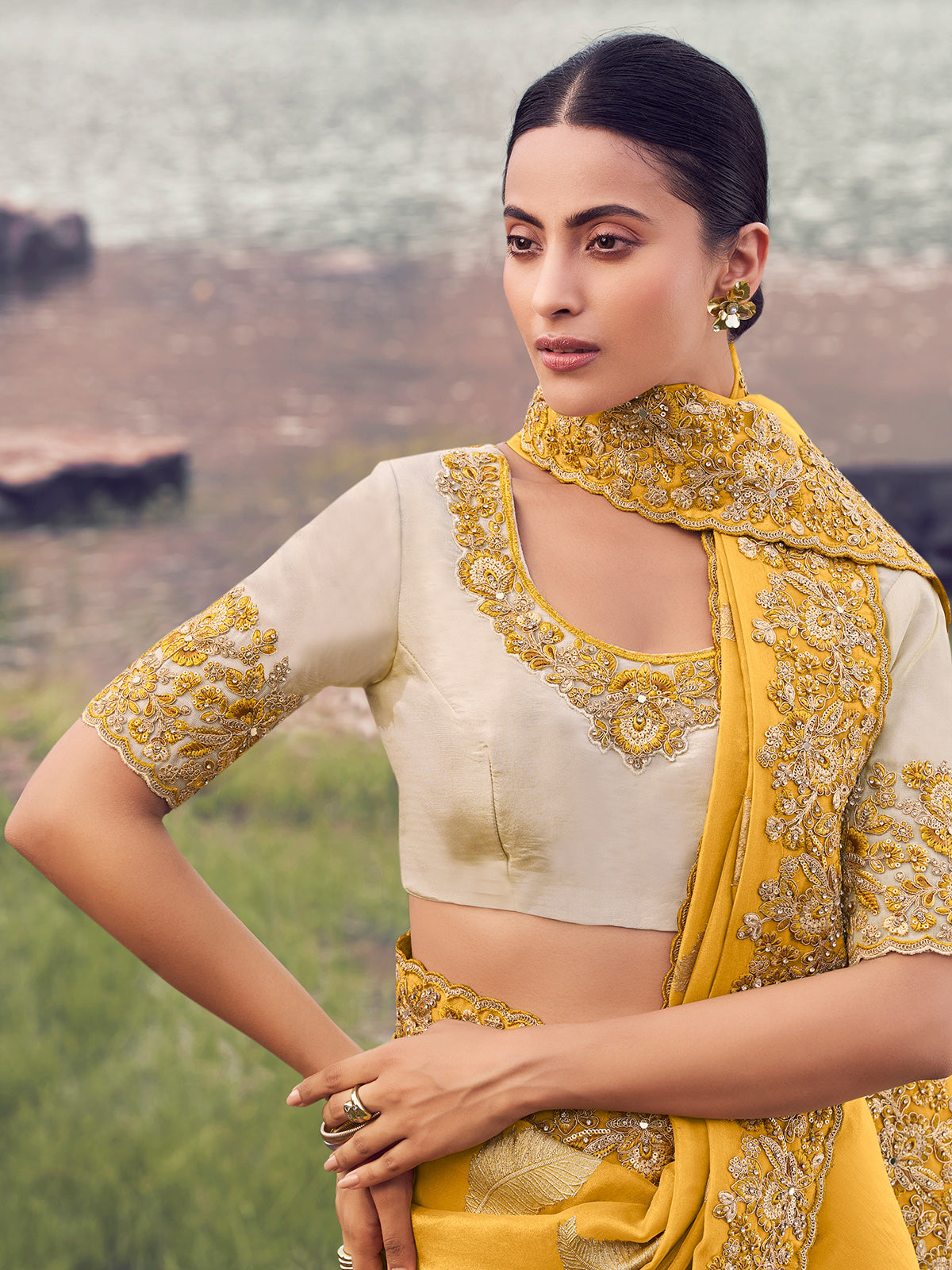 Yellow tissue silk designer saree