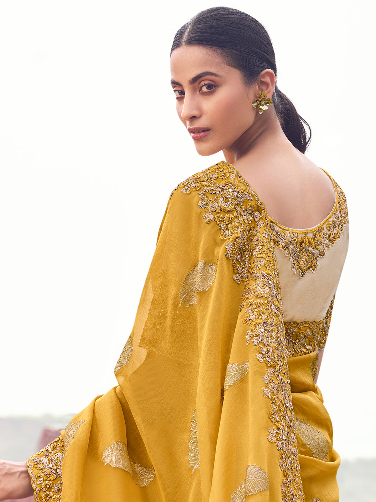 Yellow tissue silk designer saree