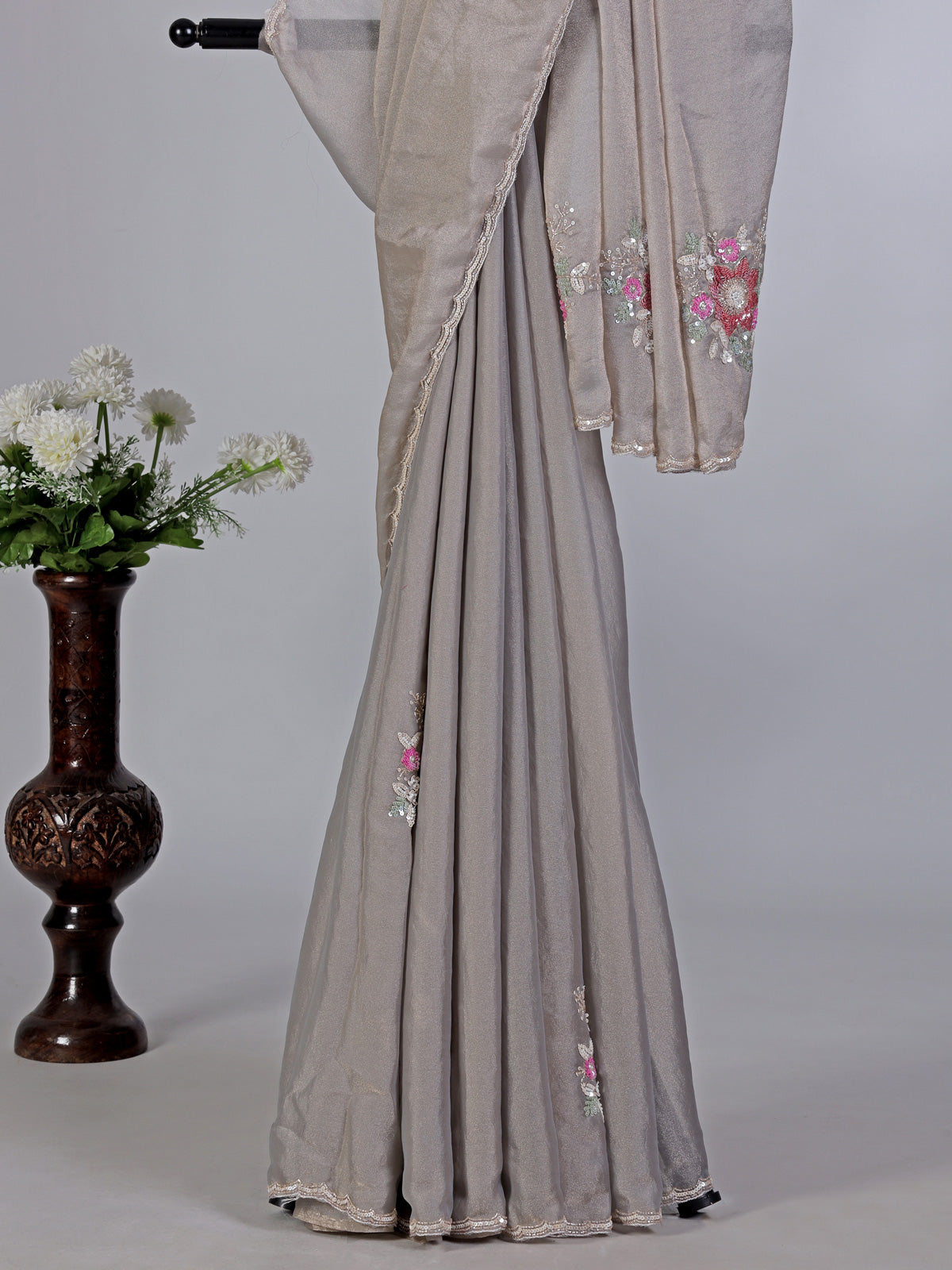 Light grey shimmer tissue silk saree with cutdana sparkle