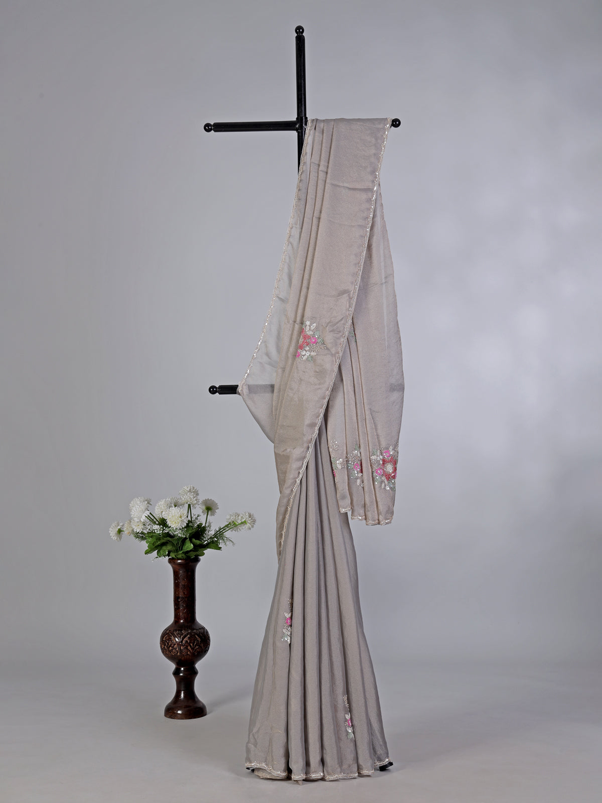 Light grey shimmer tissue silk saree with cutdana sparkle
