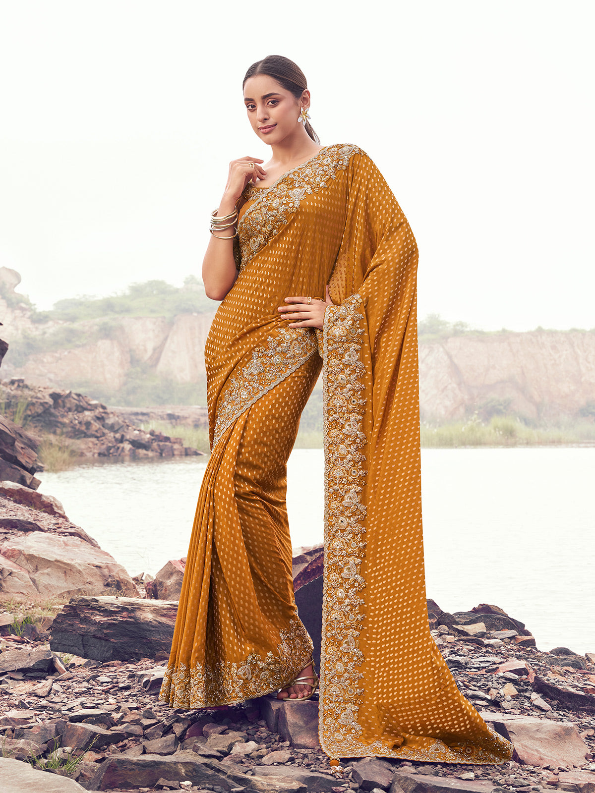 Mustard yellow satin silk saree for wedding wear