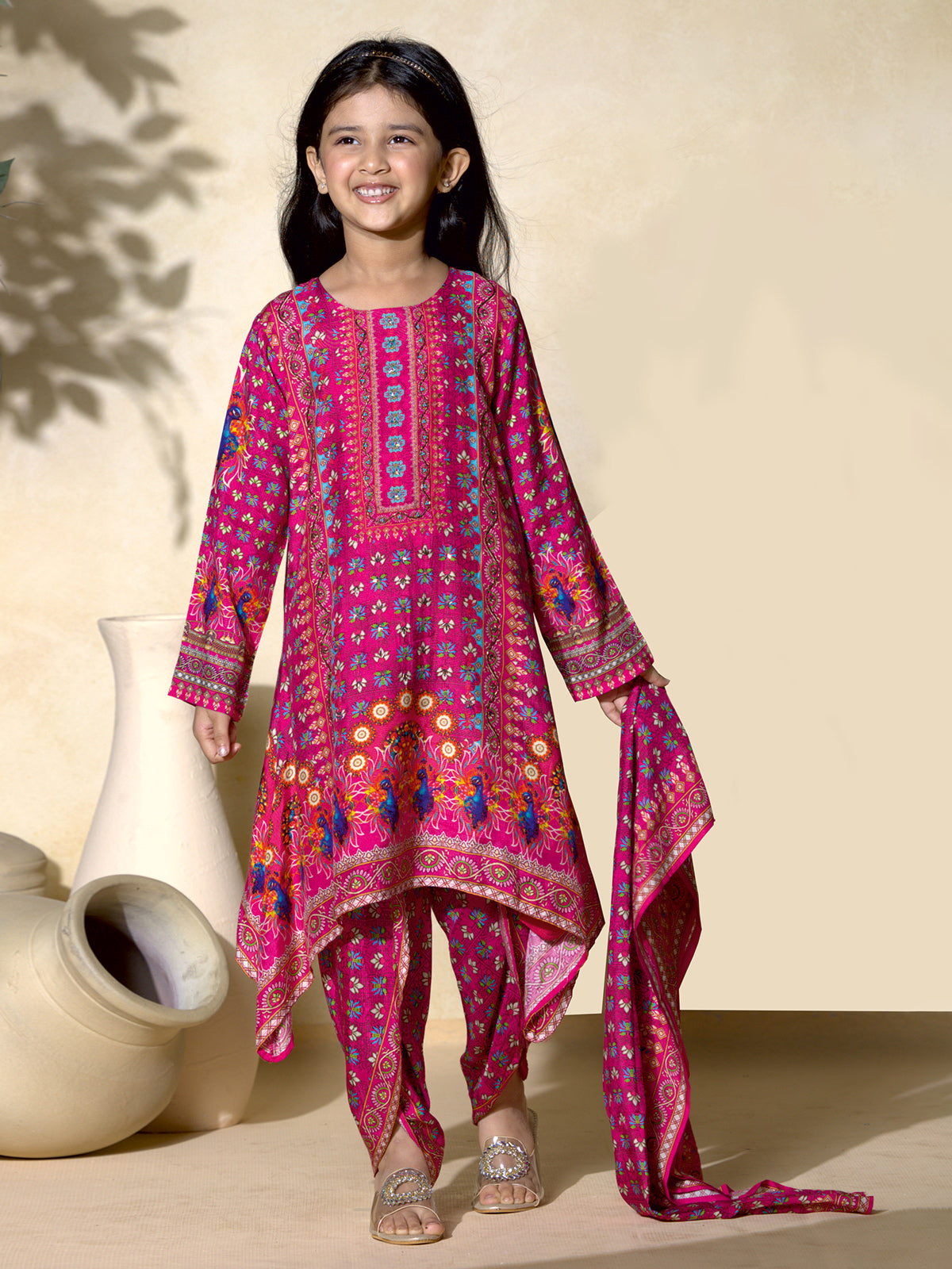 Pink printed dhoti suit in crepe silk