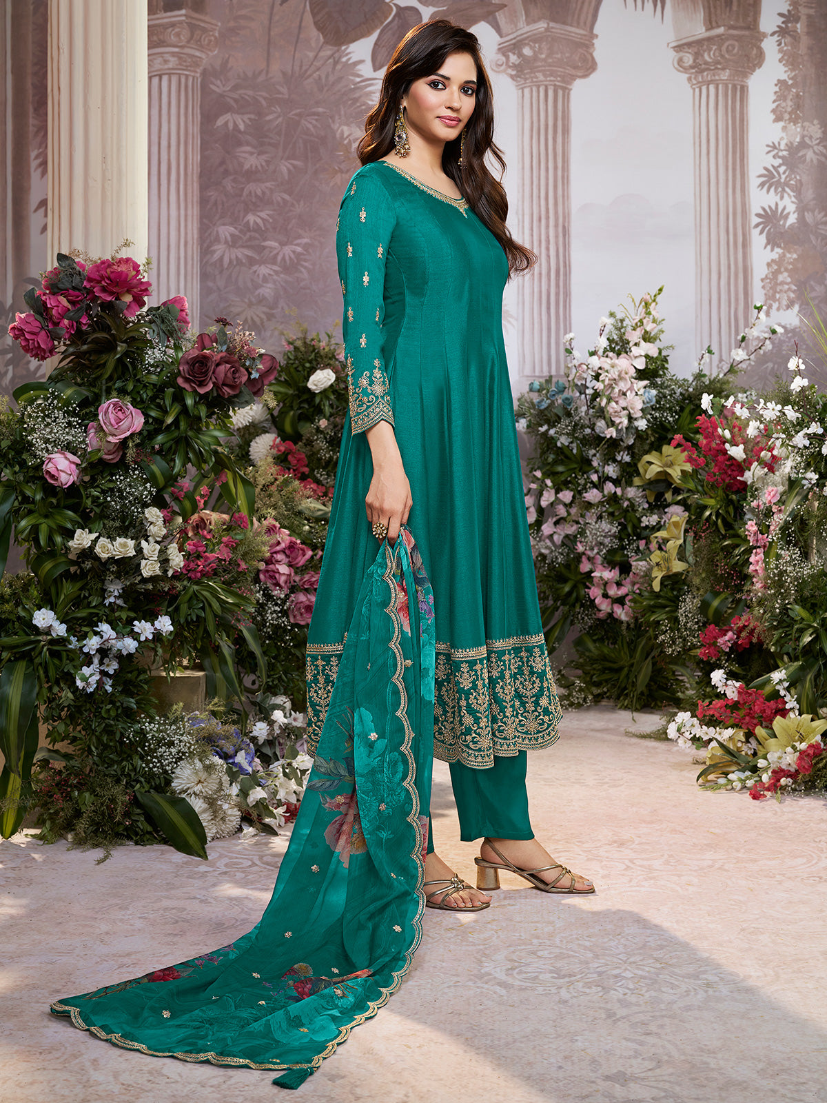 Rama green silk anarkali suit with printed dupatta