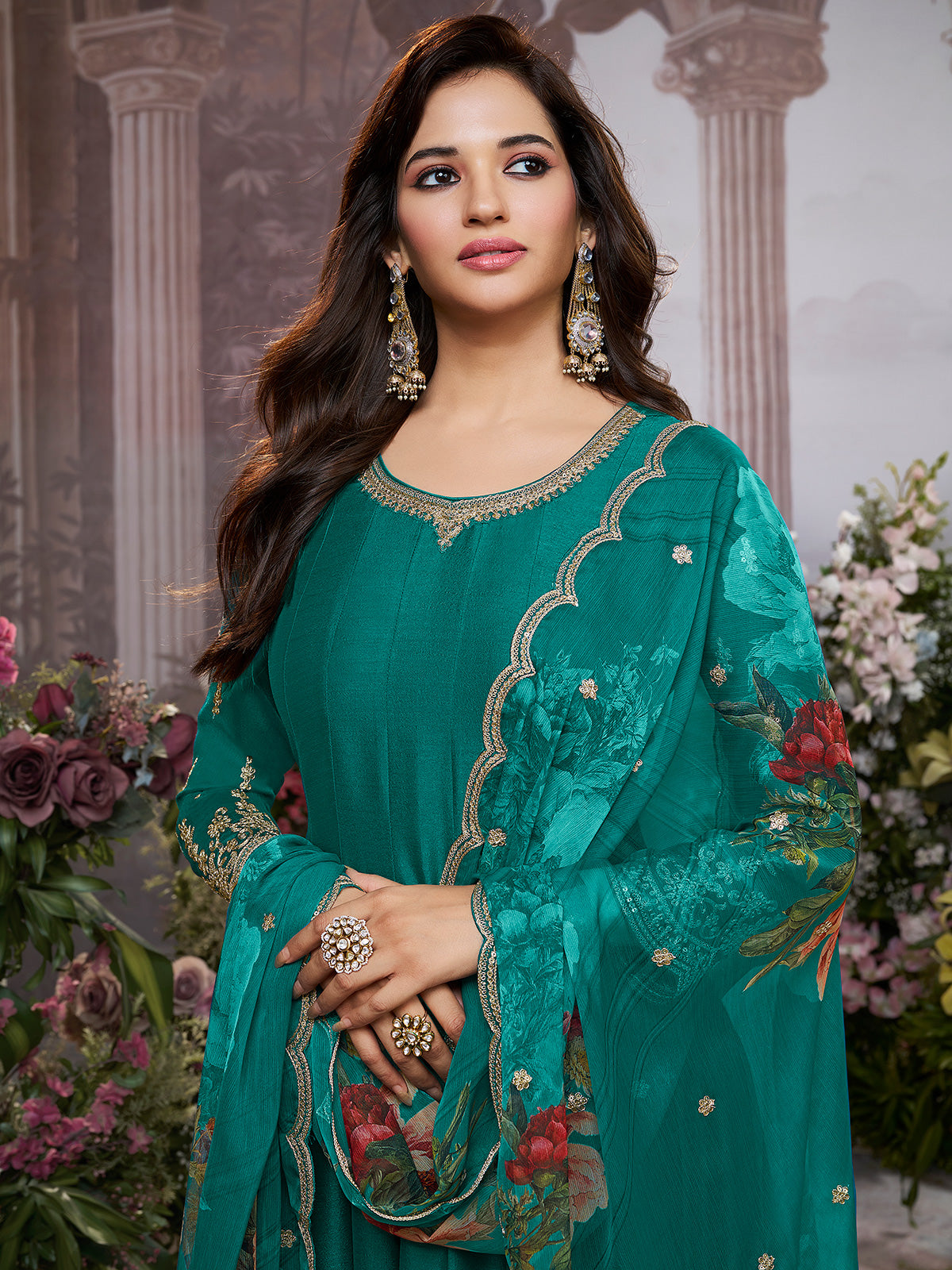Rama green silk anarkali suit with printed dupatta