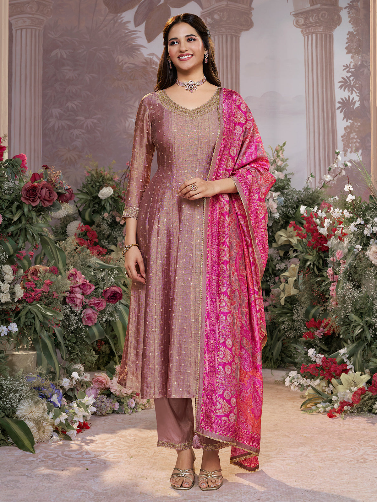 Onion pink silk anarkali suit with printed dupatta