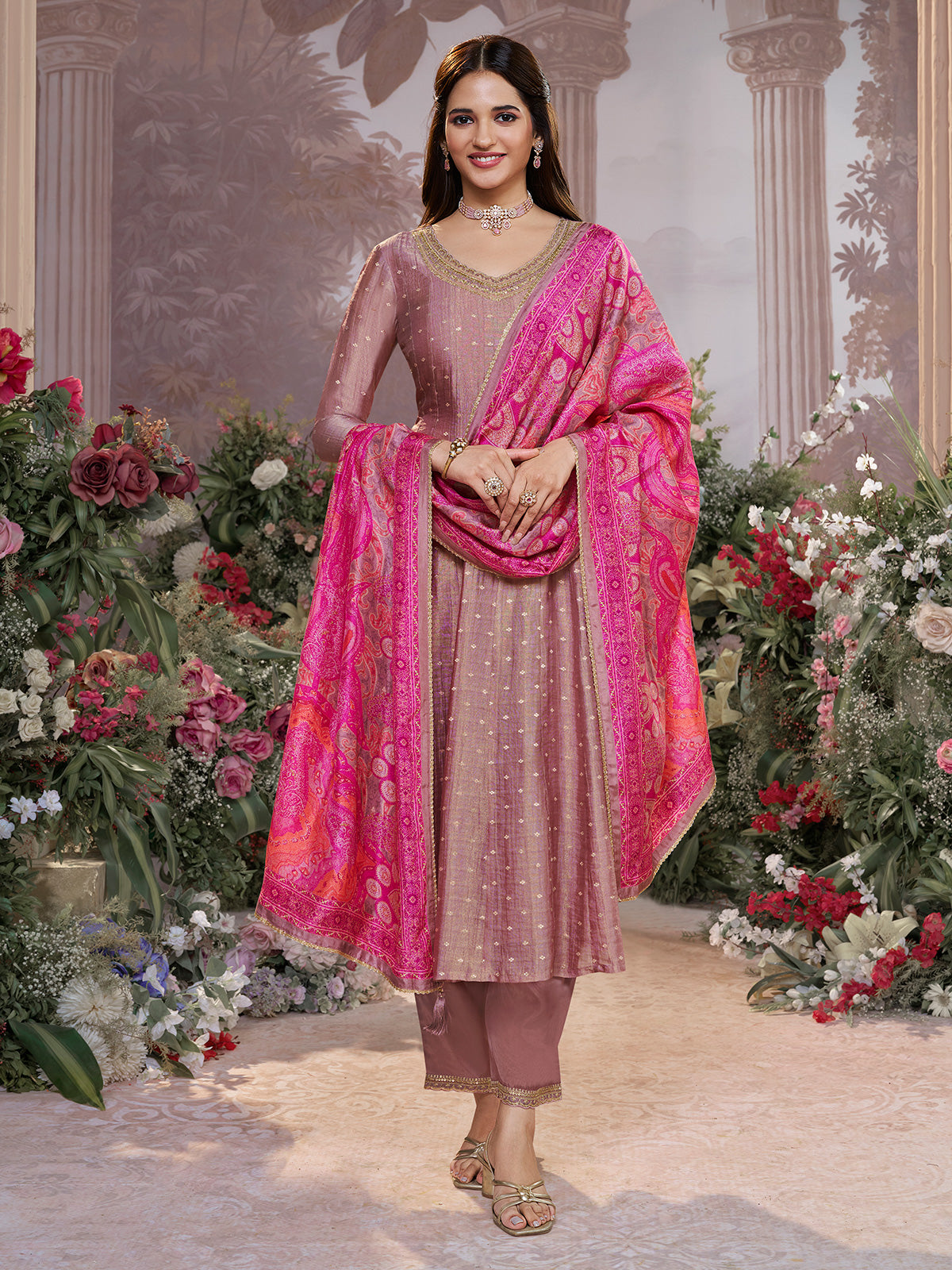 Onion pink silk anarkali suit with printed dupatta