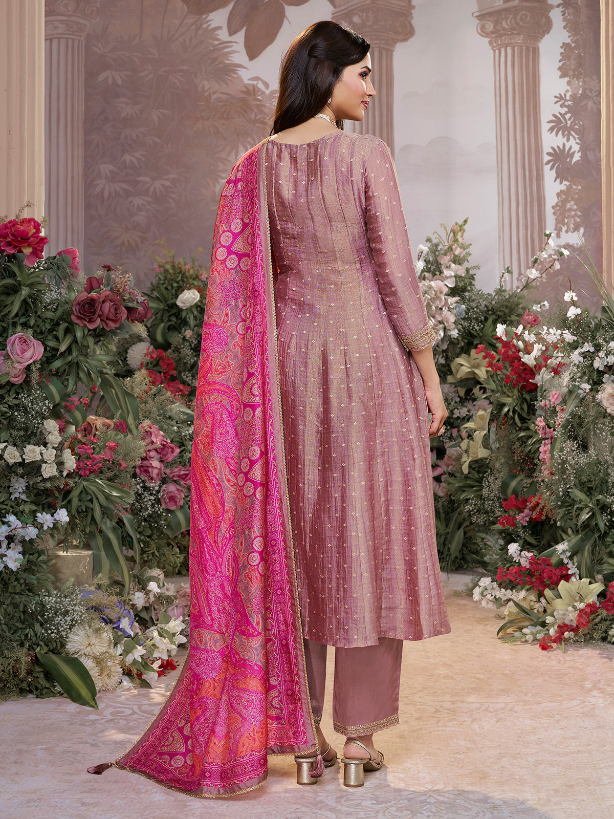 Onion pink silk anarkali suit with printed dupatta