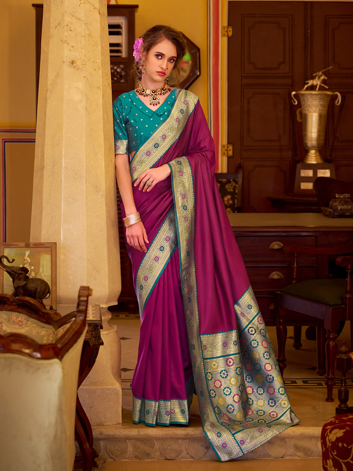 Purple soft silk saree with zari border