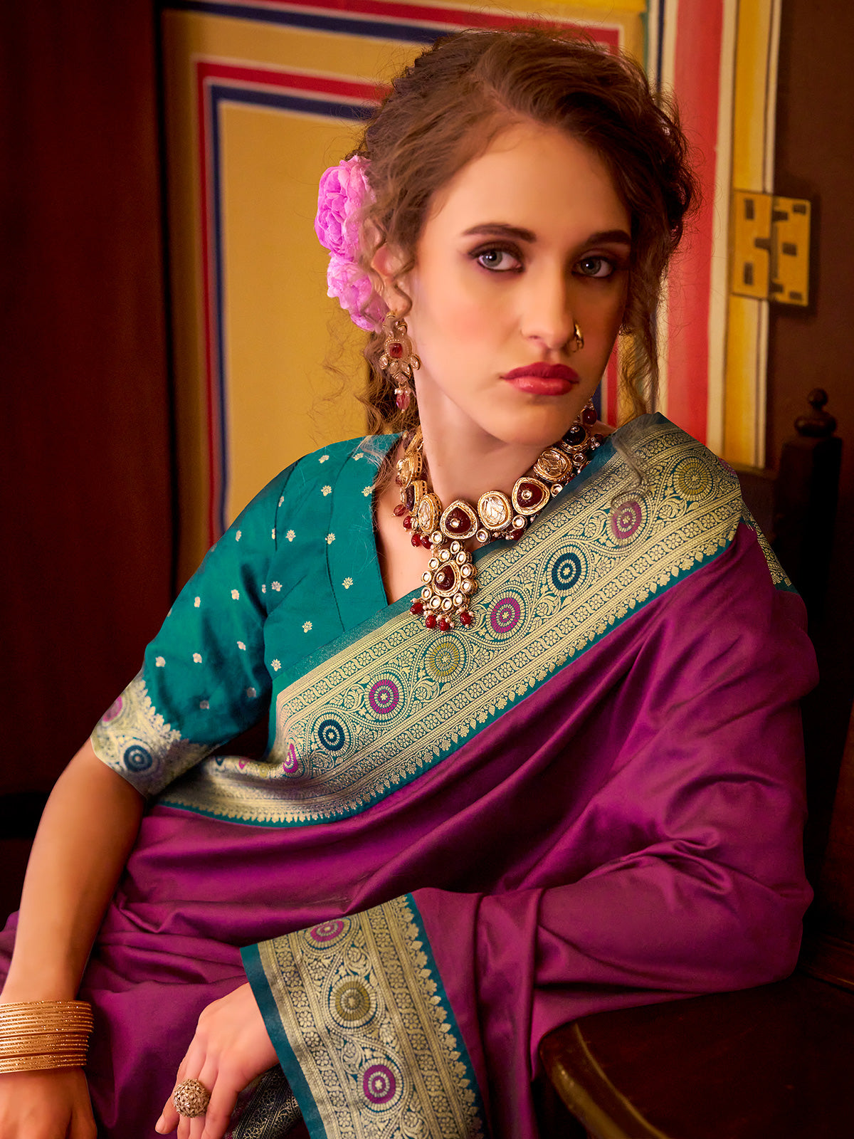 Purple soft silk saree with zari border