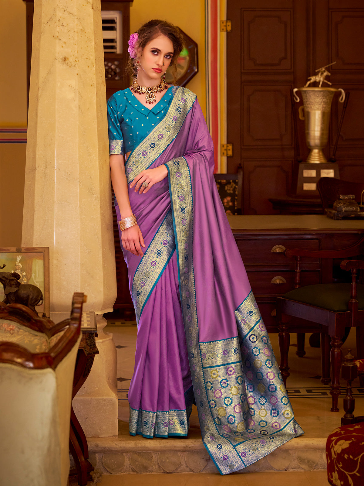 Lavender silk saree with elegant zari border