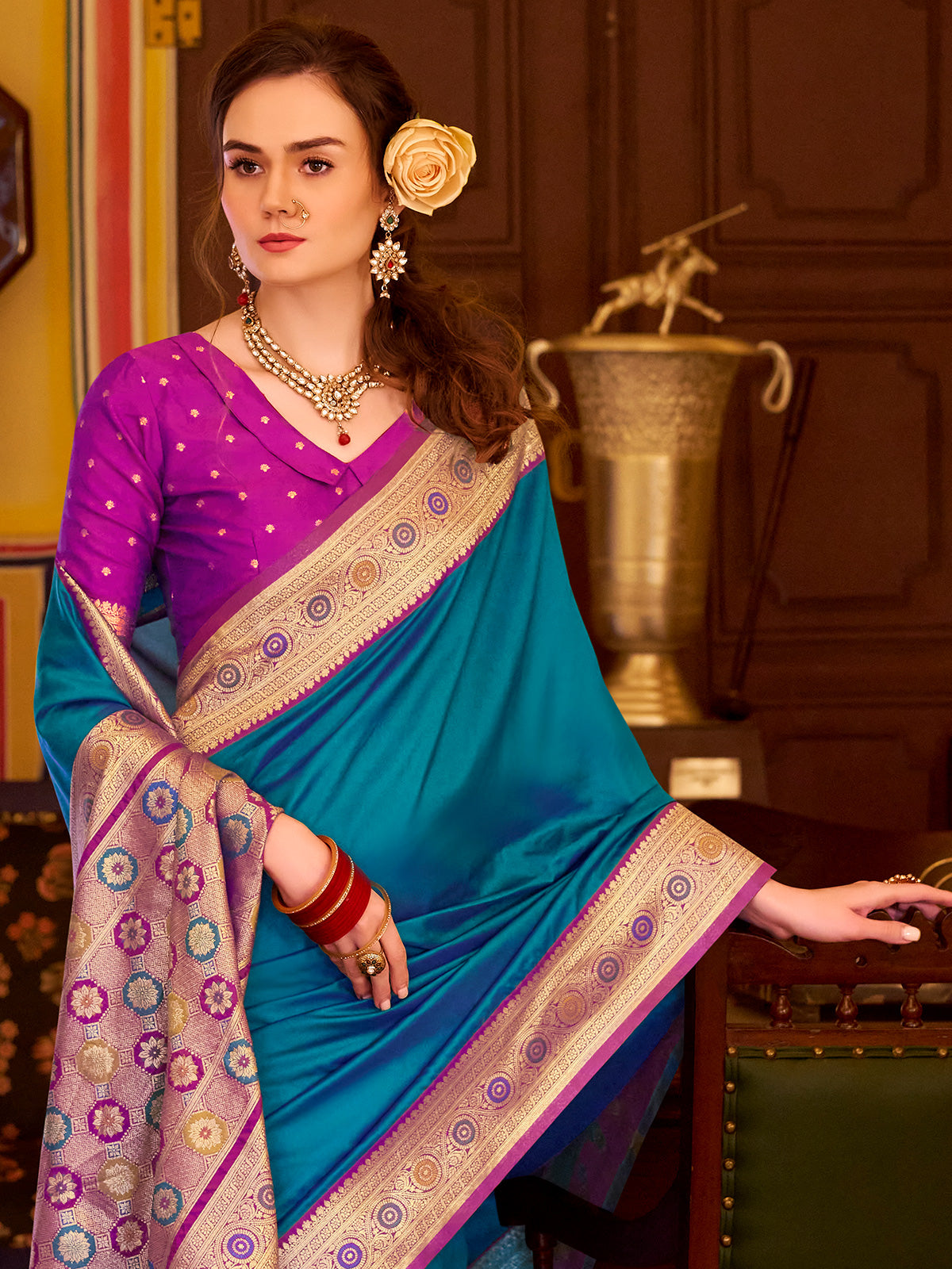 Elegant blue soft silk saree with zari border