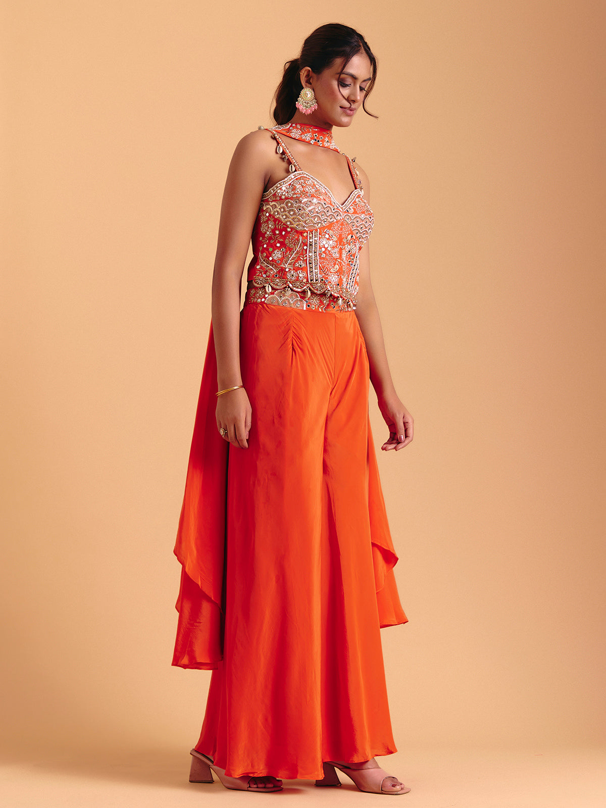 Orange satin silk party wear palazzo suit