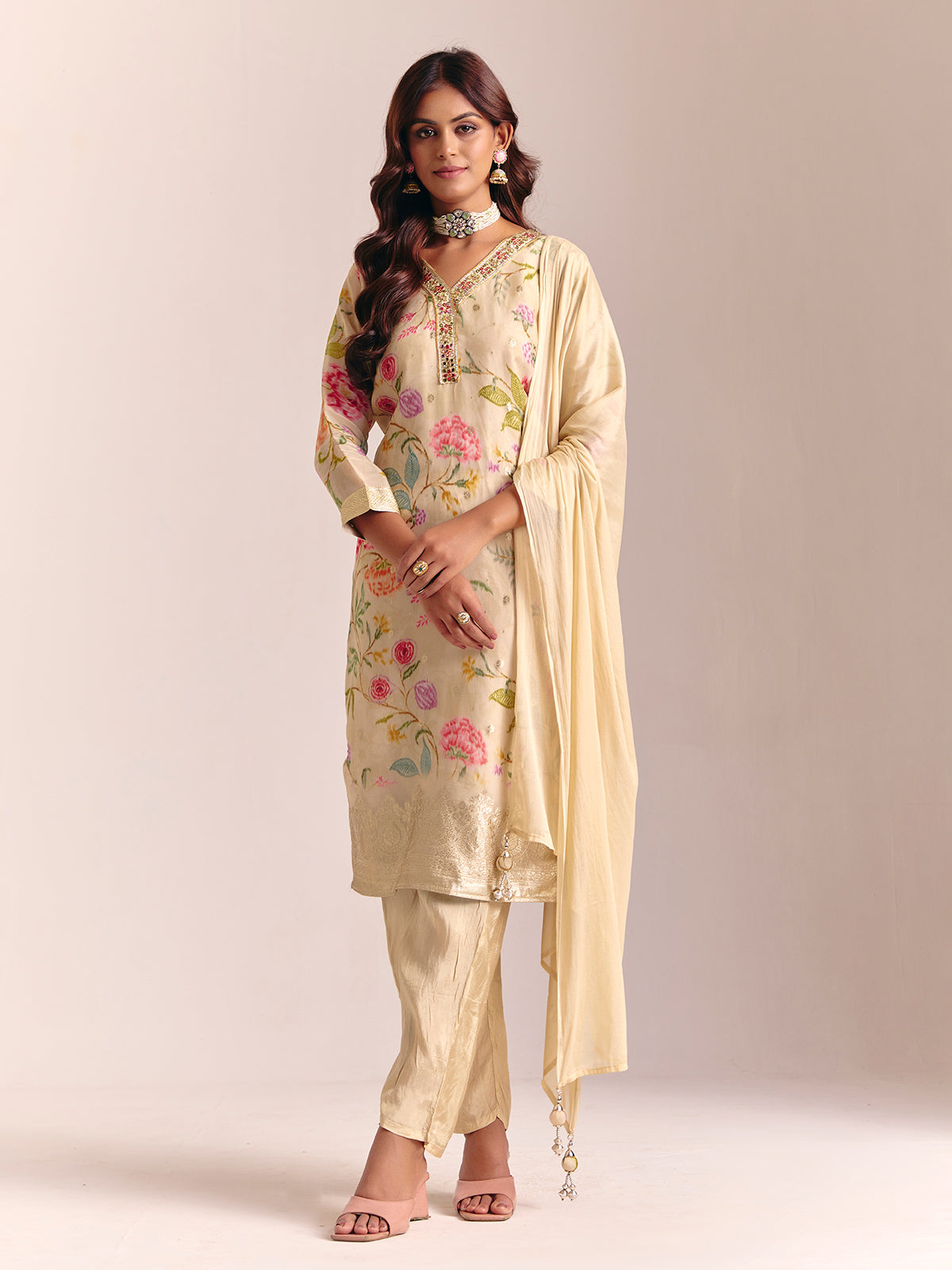 Cream silk printed salwar suit for festival