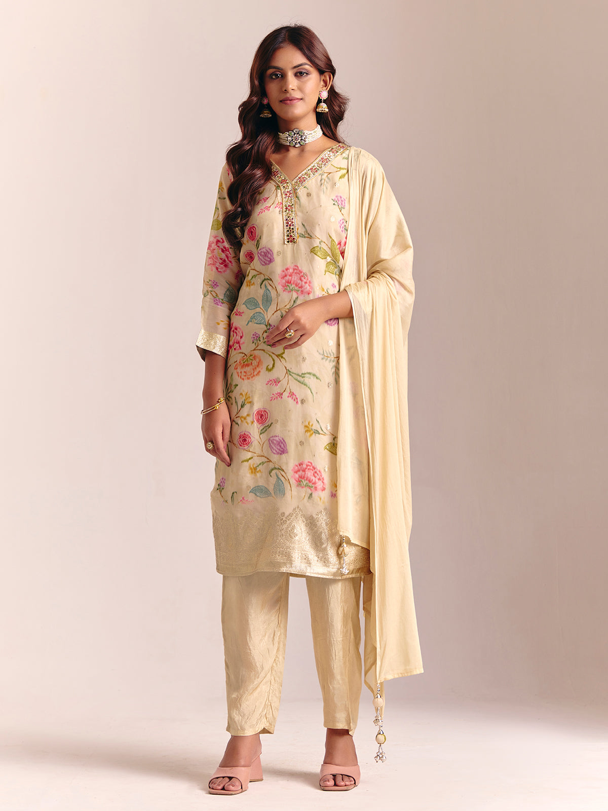 Cream silk printed salwar suit for festival