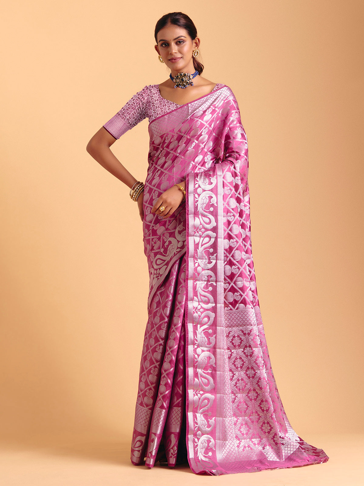 Light wine silk saree with zari shine