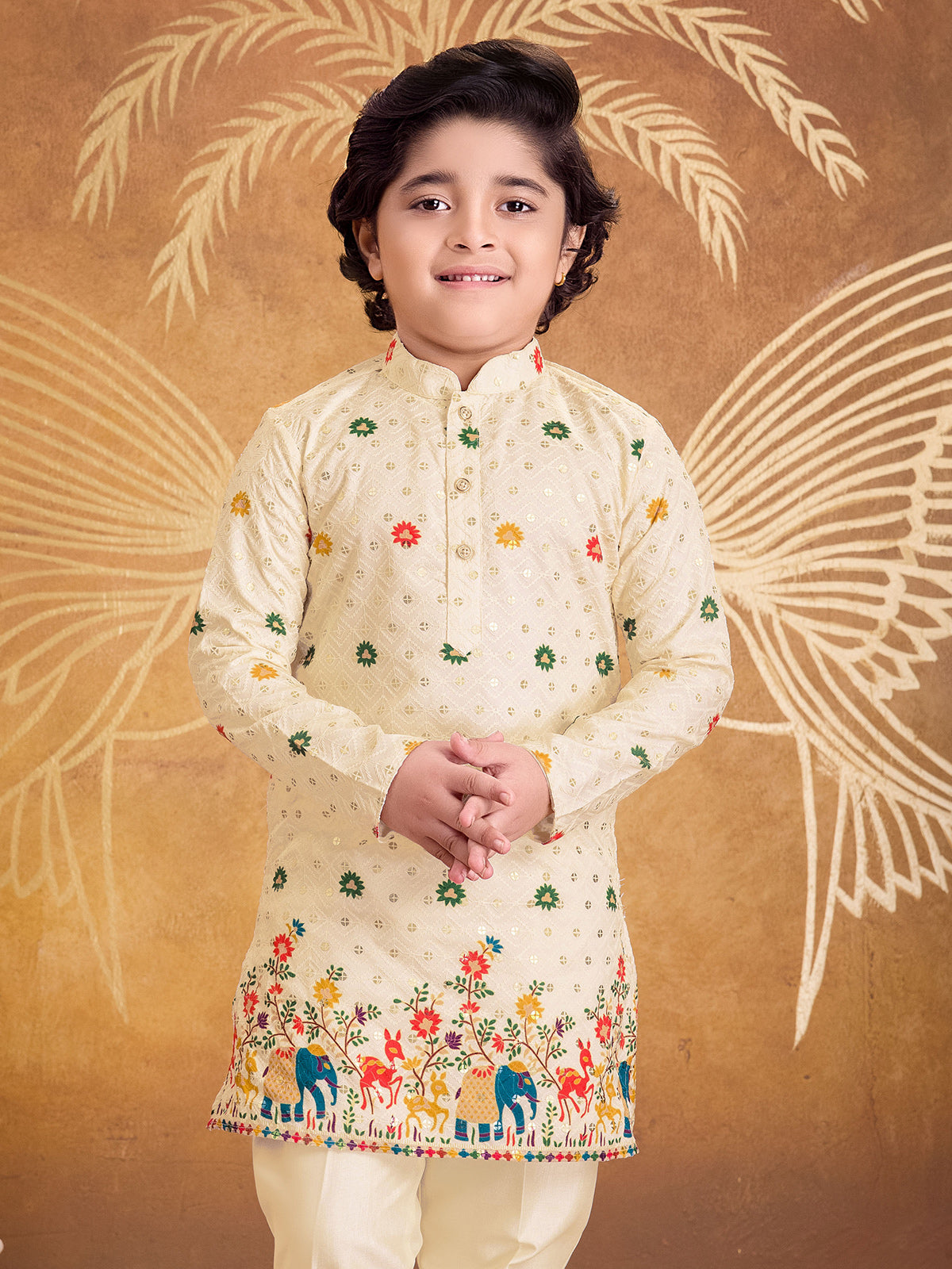 Off white printed cotton kurta suit for boys