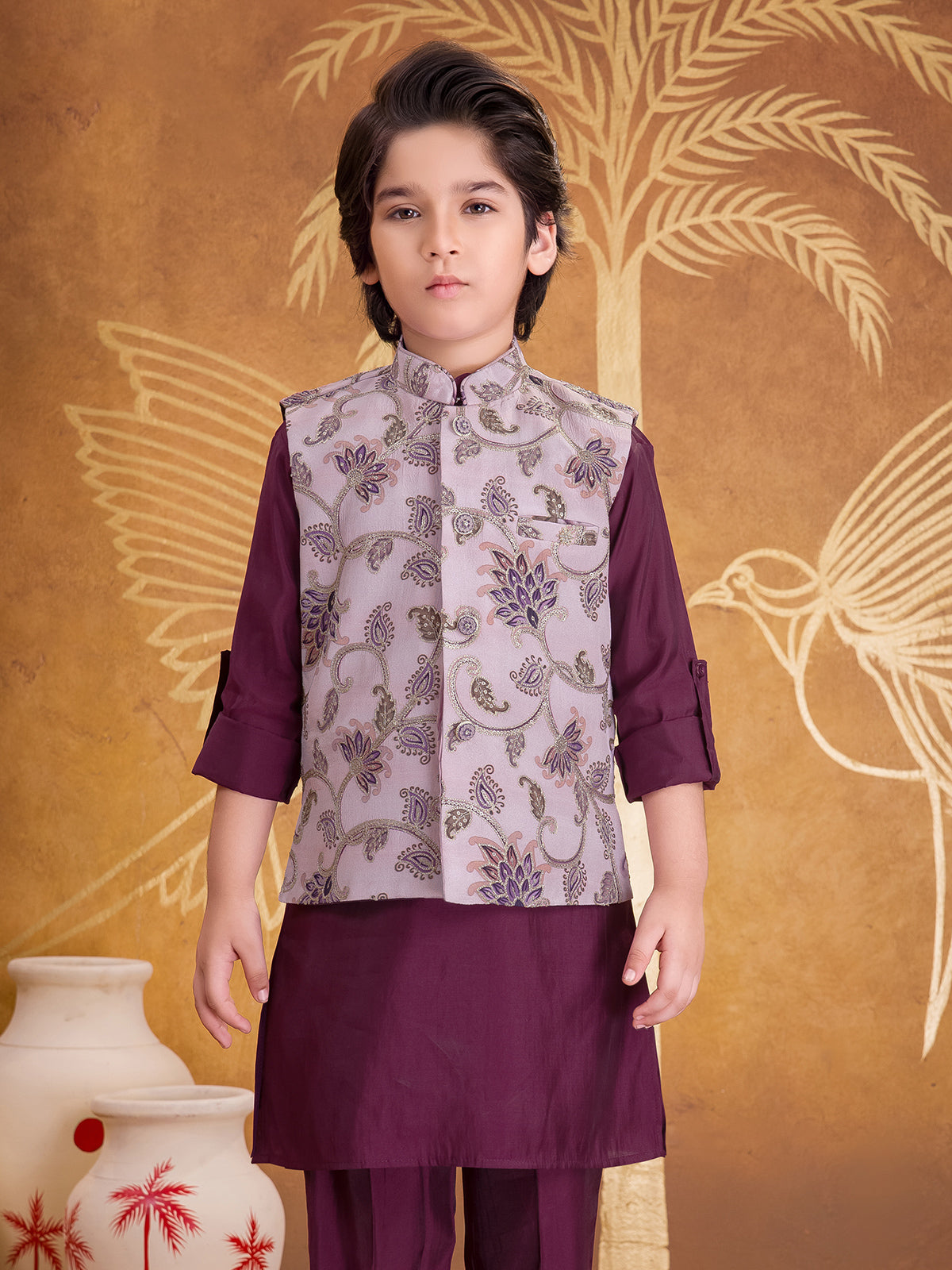Wine silk waistcoat set with resham and sequins work