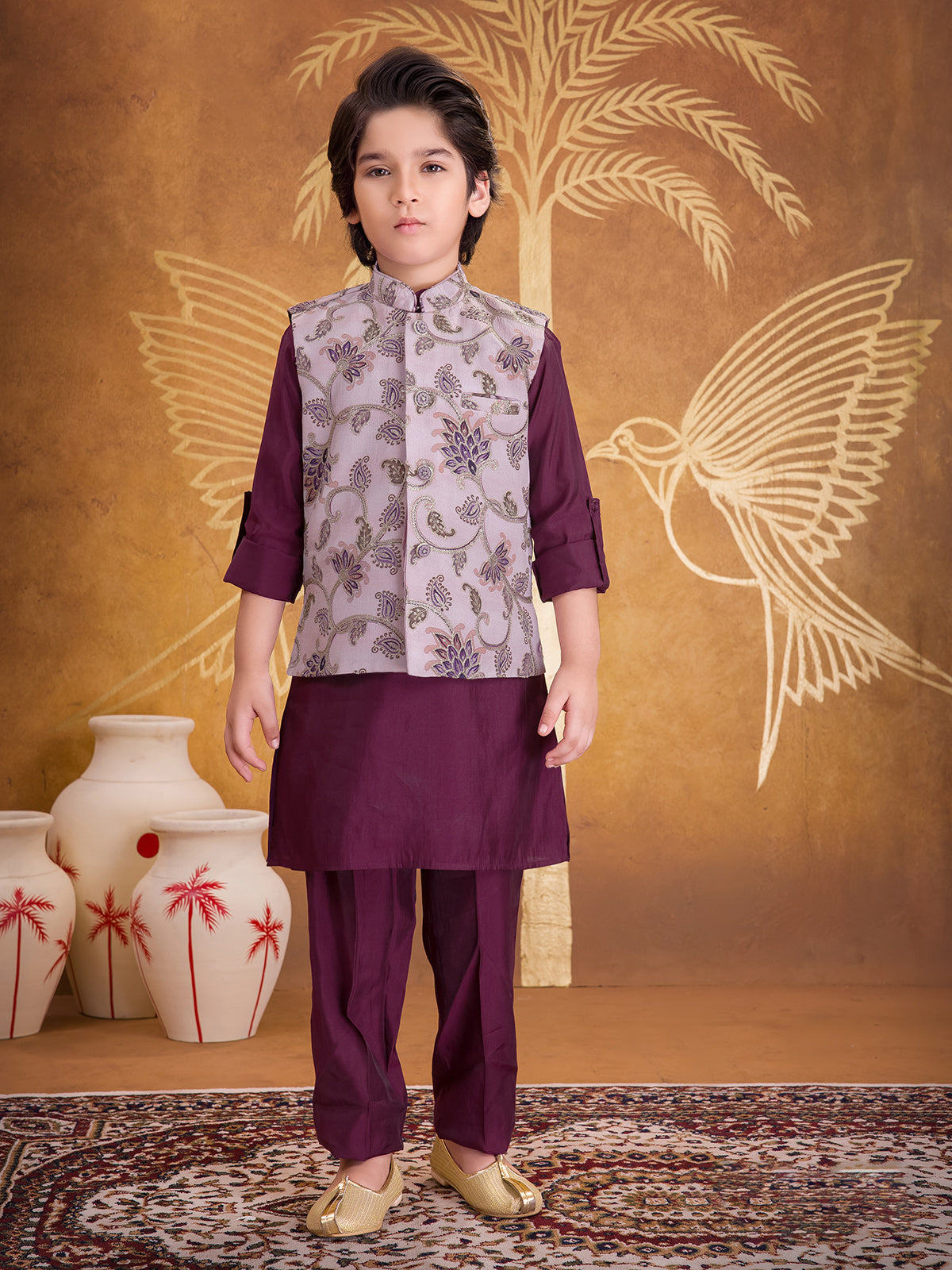 Wine silk waistcoat set with resham and sequins work