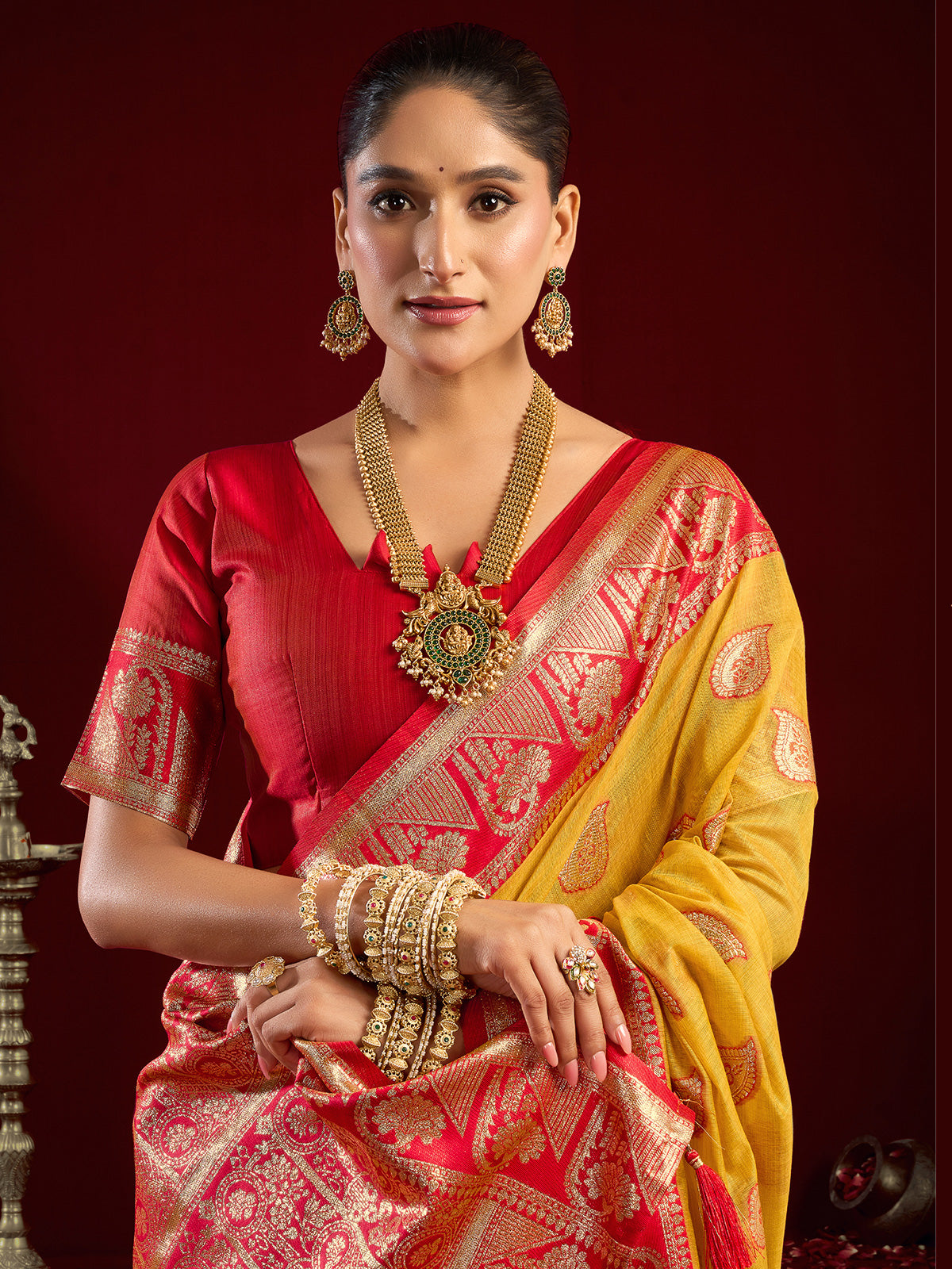 Mustard yellow modal silk banarasi saree