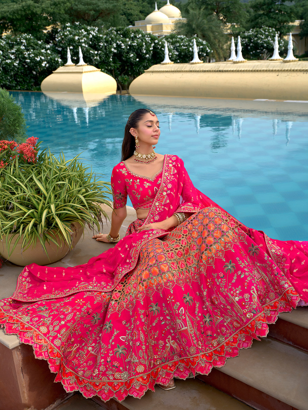 Pink silk wedding wear lehehnga choli with cutwork