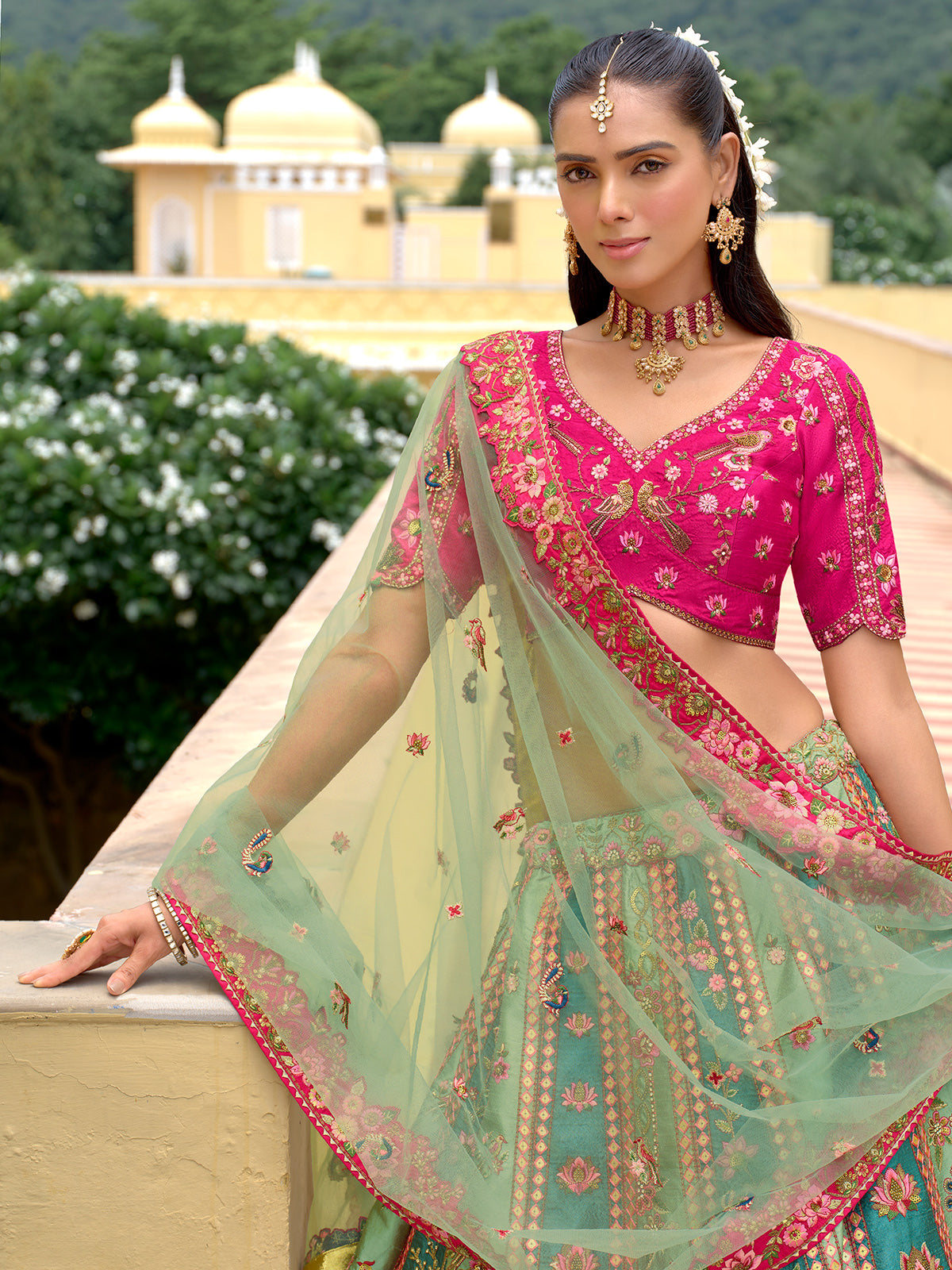 Mint blue and magenta lehenga choli in silk