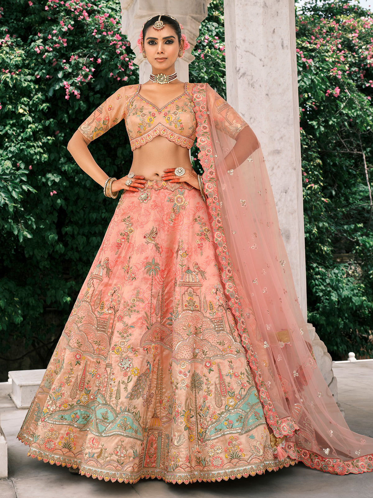 Peach silk lehenga choli for wedding with embroidery work