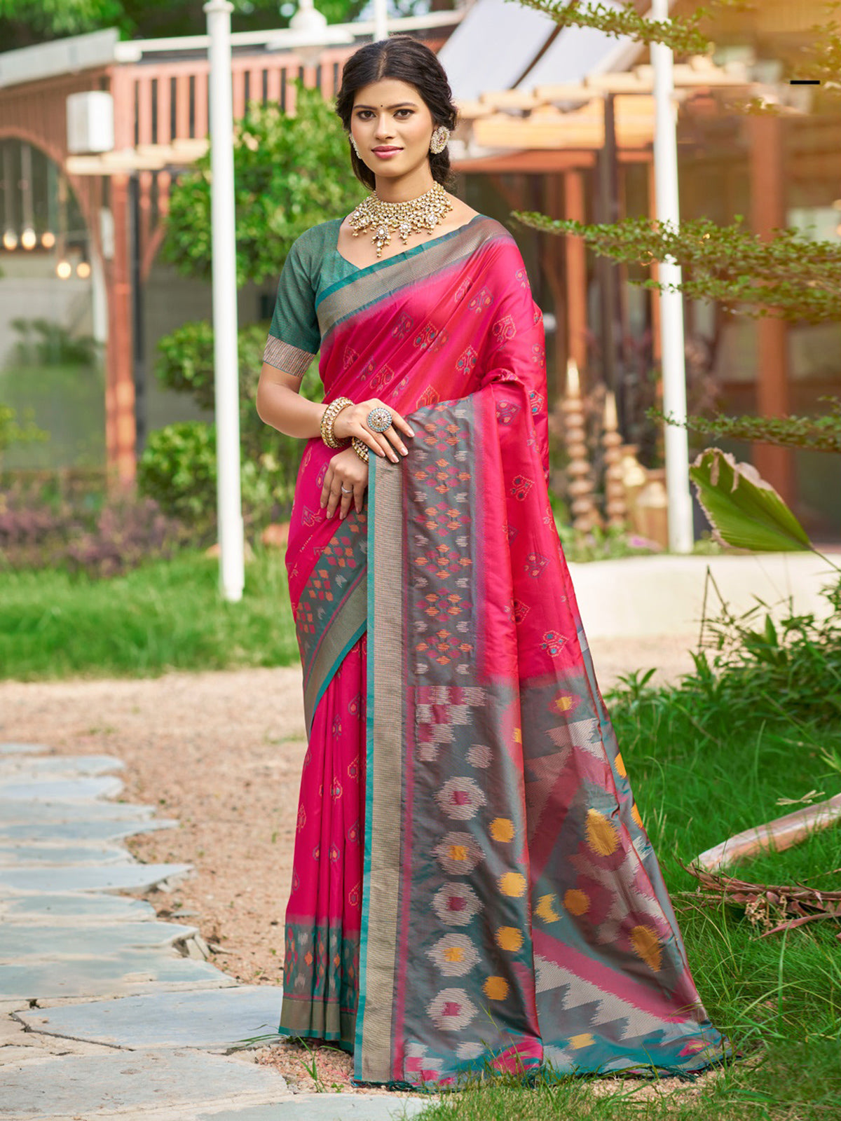 Red silk printed saree for festive wear
