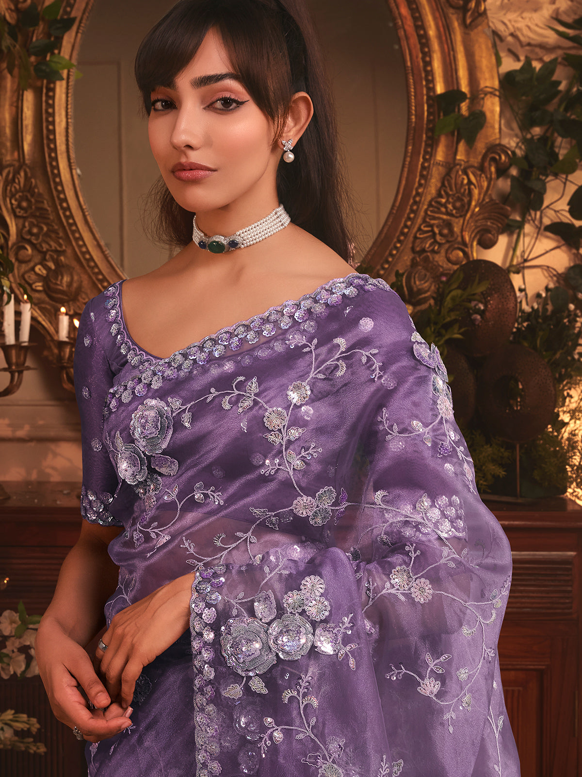 Purple tissue organza saree with sequins work