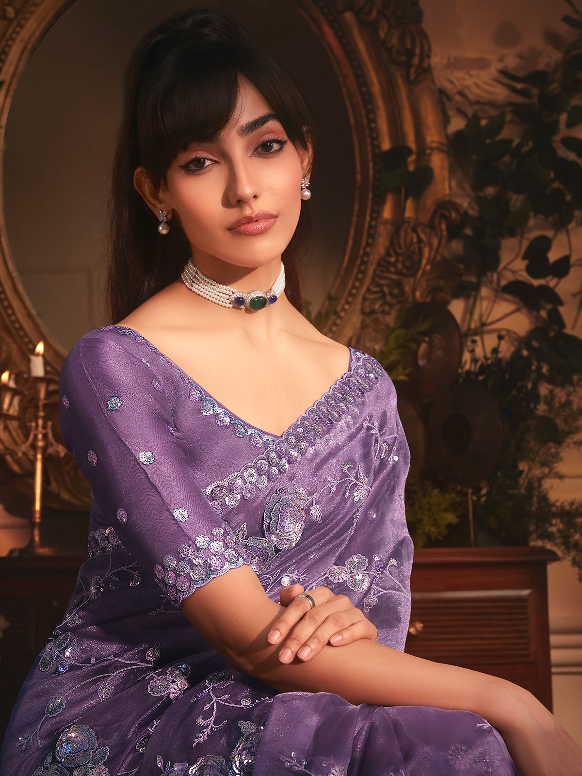 Purple tissue organza saree with sequins work