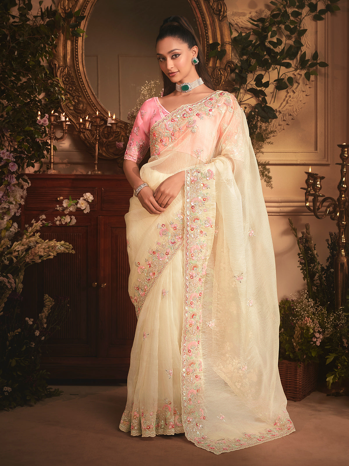 Cream tissue organza saree for reception wear