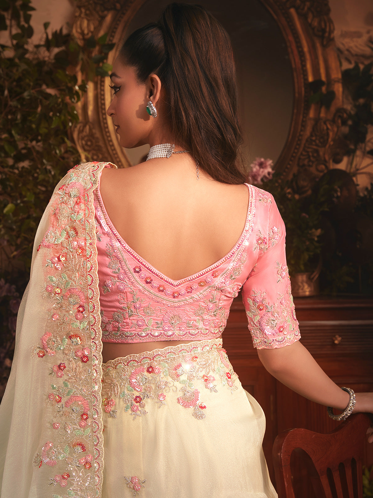 Cream tissue organza saree for reception wear