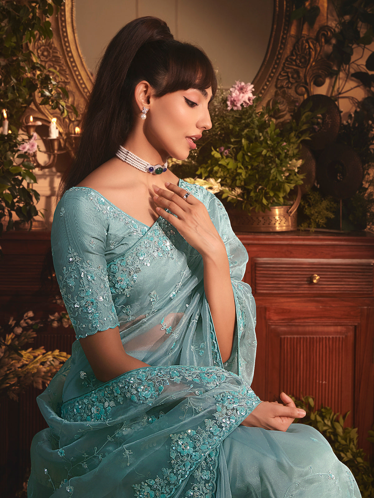 Mint blue tissue organza saree for party wear