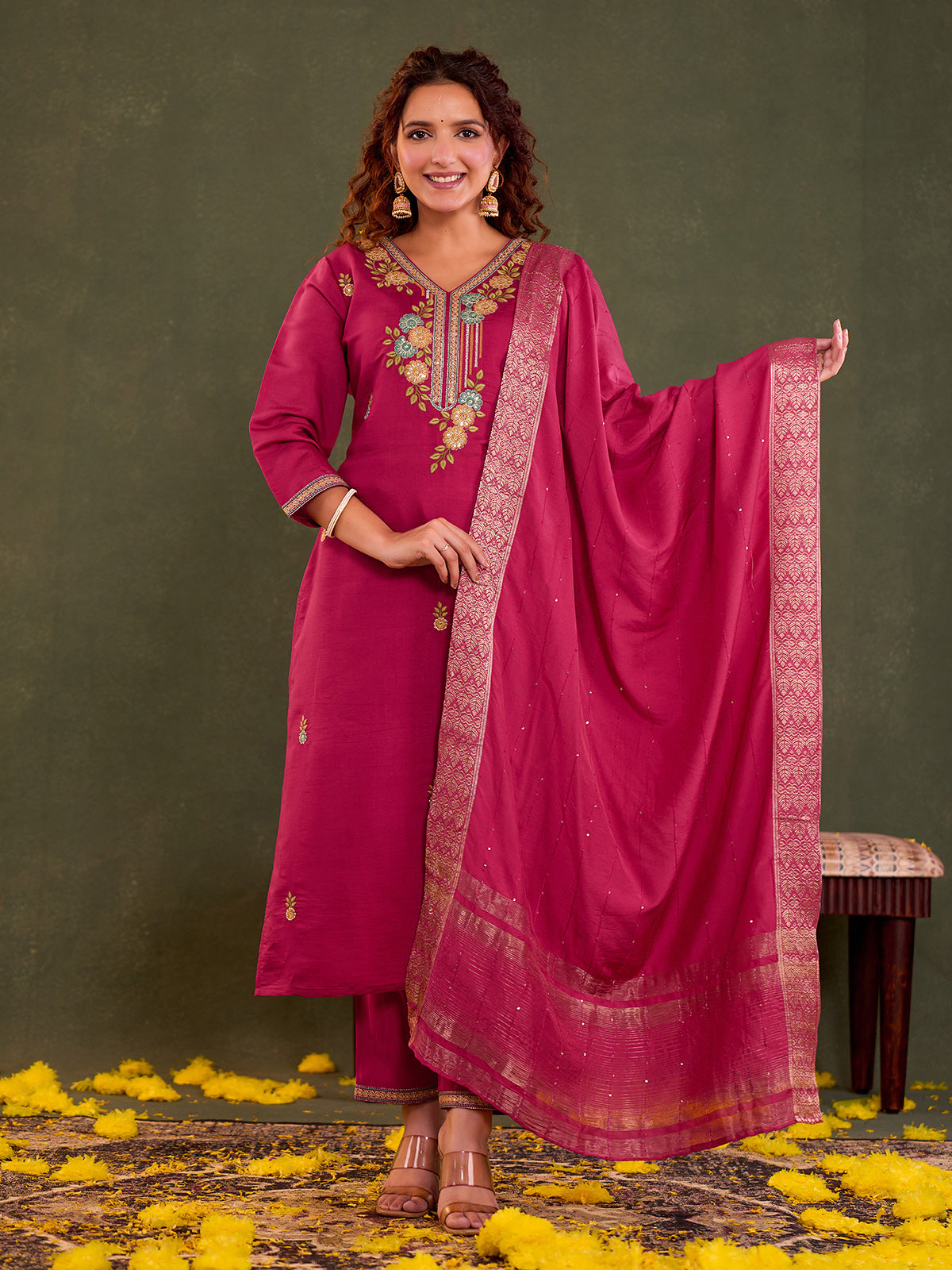 Rani pink cotton silk kurti set with dupatta