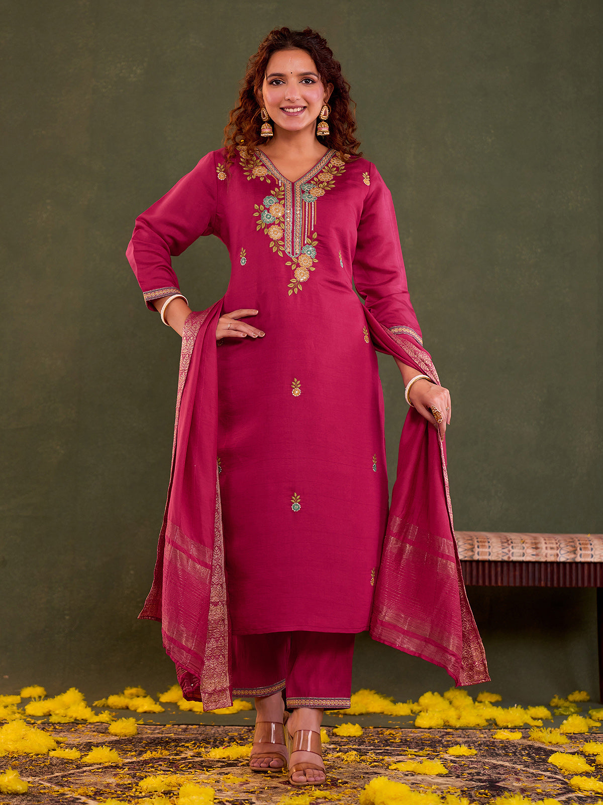 Rani pink cotton silk kurti set with dupatta