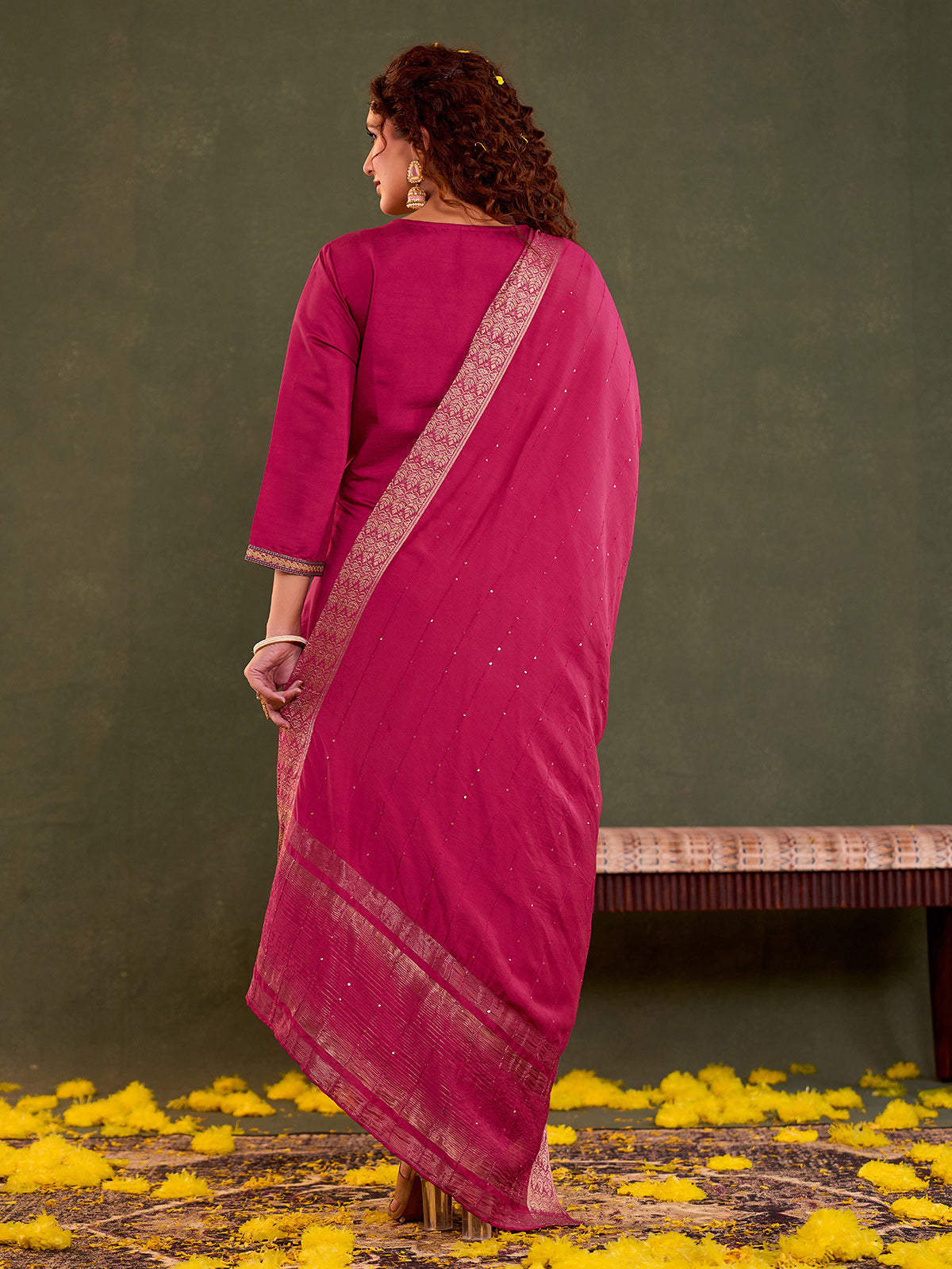 Rani pink cotton silk kurti set with dupatta