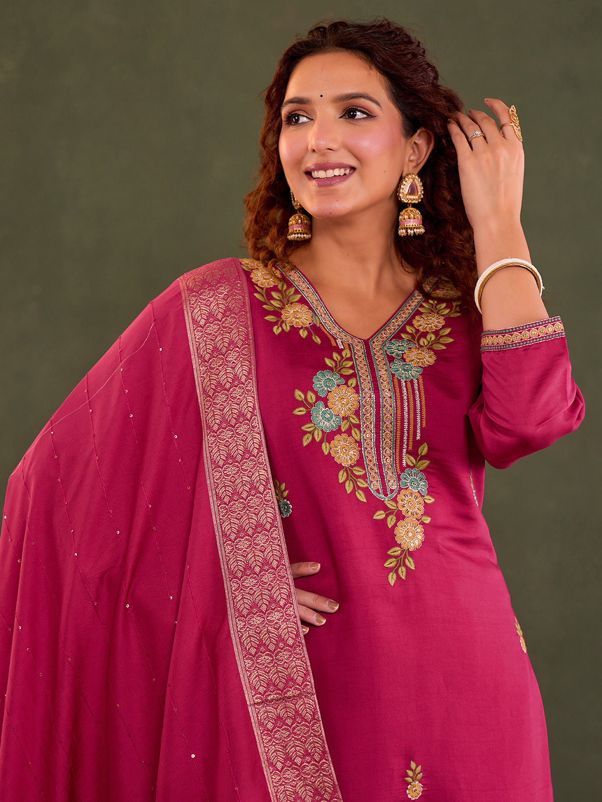 Rani pink cotton silk kurti set with dupatta