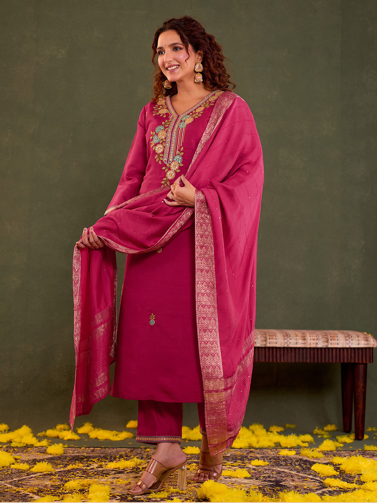 Rani pink cotton silk kurti set with dupatta
