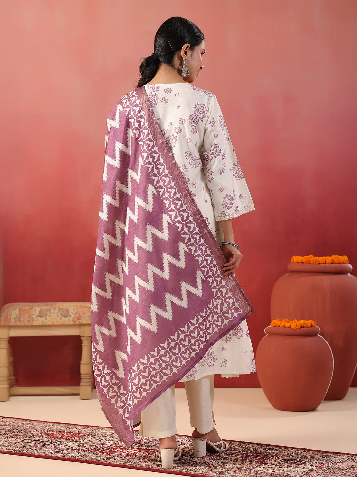 Purple floral printed silk kurti set for festive wear